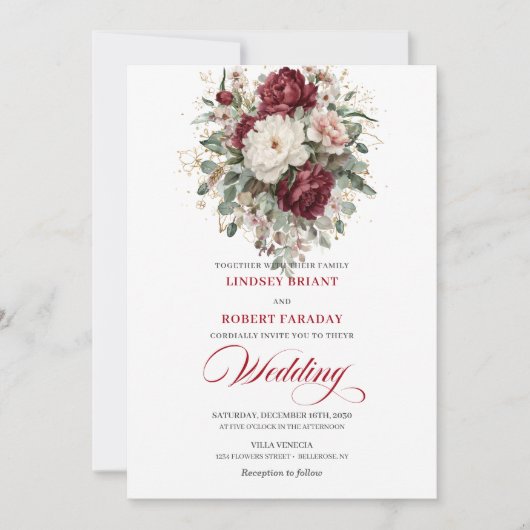 Luxury Burgundy White Floral Eucalyptus Wedding  招待状 (正面)