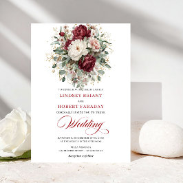 Luxury Burgundy White Floral Eucalyptus Wedding  招待状