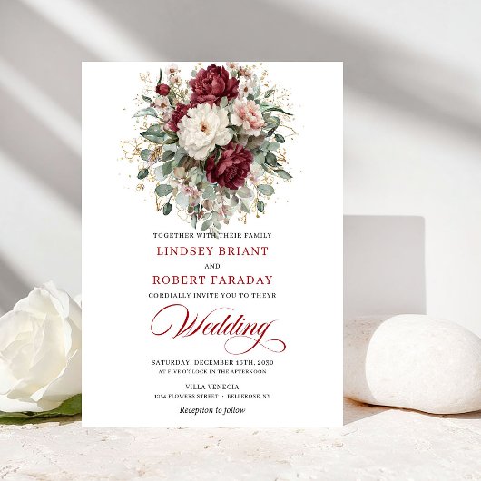 Luxury Burgundy White Floral Eucalyptus Wedding  招待状