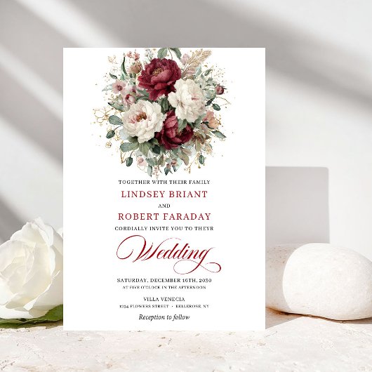 Luxury Burgundy White Floral Gold Wedding Invite 招待状