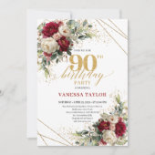 Luxury Burgundy White Roses Gold 90th Birthday 招待状 (正面)