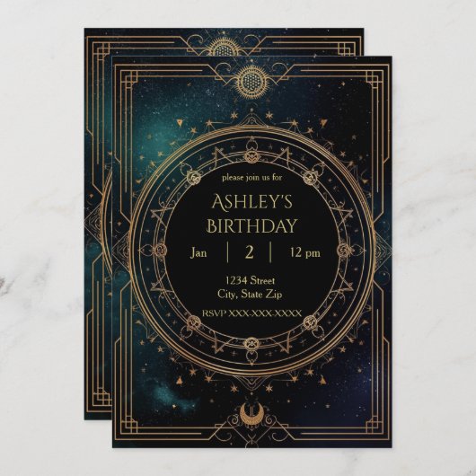 Luxury Celestial Birthday Invitation – Midnight 招待状 (正面/裏面)