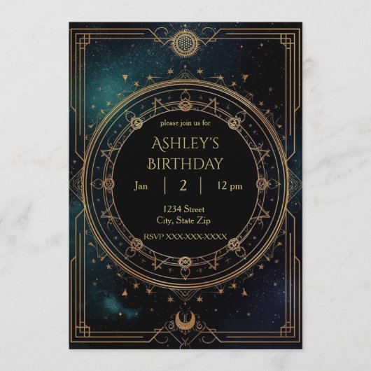 Luxury Celestial Birthday Invitation – Midnight 招待状 (正面)