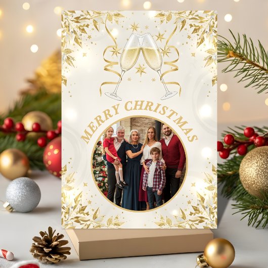 Luxury Champagne & Gold Family Christmas Photo シーズンカード