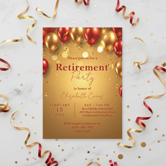 Luxury Chic Gold and Red Balloons Retirement Party 招待状