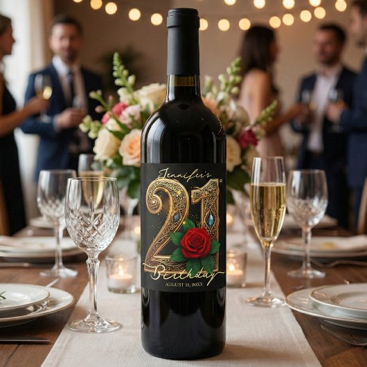 Luxury Chic Red Rose Gold Filigree 21st Birthday ワインラベル