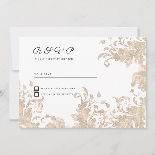 Luxury chic white gold floral lace RSVP 招待状 (正面)