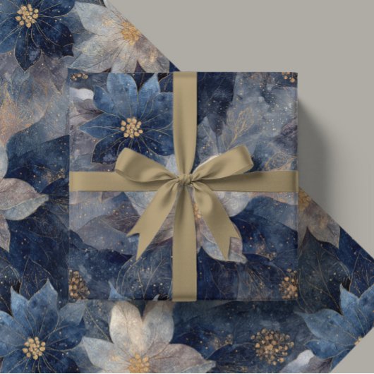 Luxury Christmas Blue and White Poinsettia Gift  ラッピングペーパー