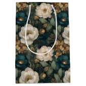 Luxury Christmas Green Gold and Cream Floral ミディアムペーパーバッグ (正面)