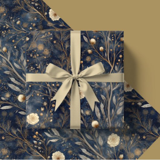 Luxury Christmas Navy and Cream Floral Gift ラッピングペーパー