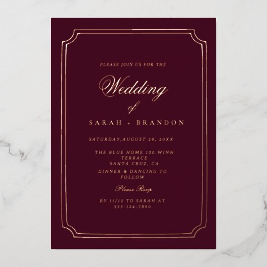 Luxury Classic Burgundy Gold Frame Wedding 箔招待状 (正面)