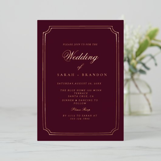 Luxury Classic Burgundy Gold Frame Wedding 箔招待状 (立ち正面)