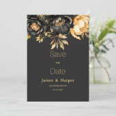 Luxury classy black gold peony flora Save the Date 招待状 (スタンド正面)