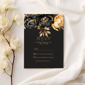 Luxury classy black gold peony floral RSVP 招待状