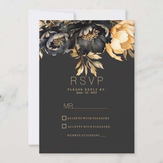 Luxury classy black gold peony floral RSVP 招待状 (正面)