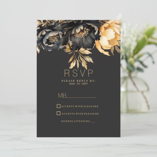 Luxury classy black gold peony floral RSVP 招待状 (スタンド正面)
