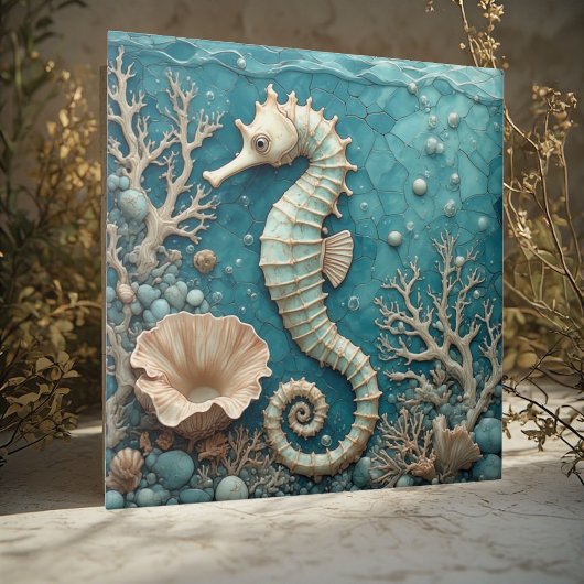 Luxury Coastal Seahorse Ocean Coral Pearl Aquablue タイル