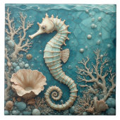 Luxury Coastal Seahorse Ocean Coral Pearl Aquablue タイル (正面)