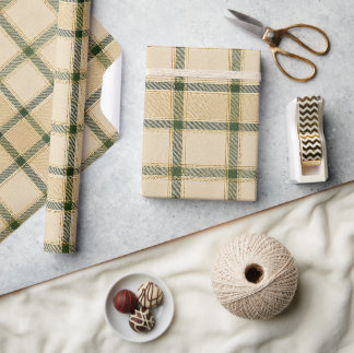 Luxury Cream Green & Gold Tartan| 高級なニュアトラル ラッピングペーパー