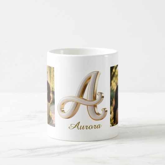 Luxury Cursive Gold White Initial  A + 2 PHOTO コーヒーマグカップ (中央)