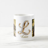Luxury Cursive Gold White Initial  L + 2 PHOTO コーヒーマグカップ (中央)