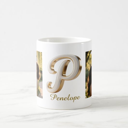 Luxury Cursive Gold White Initial  P + 2 PHOTO コーヒーマグカップ (中央)