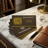 Luxury Dark Brown Textured QR Code Minimal Gold  名刺