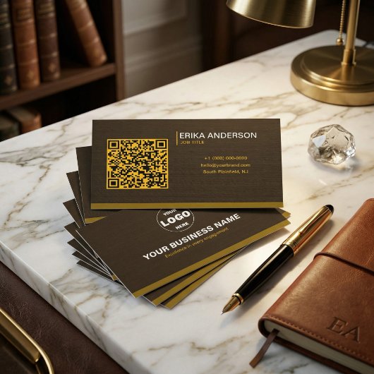 Luxury Dark Brown Textured QR Code Minimal Gold  名刺