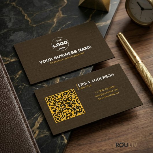 Luxury Dark Brown Textured QR Code Minimal Gold  名刺