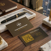 Luxury Dark Brown Textured QR Code Minimal Gold  名刺