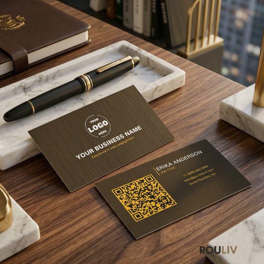 Luxury Dark Brown Textured QR Code Minimal Gold 名刺