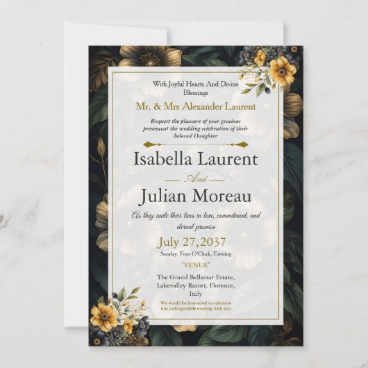 Luxury Dark Floral Elegant Wedding Invitation 招待状 (正面)