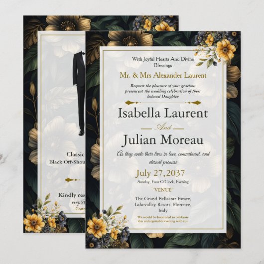 Luxury Dark Floral Elegant Wedding Invitation 招待状 (正面/裏面)