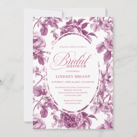 Luxury Dark Fuchsia Roses Bridal Shower Invitation 招待状 (正面)