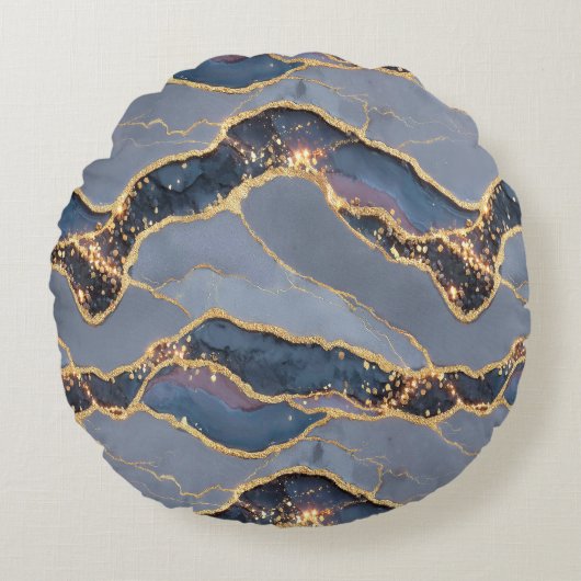 Luxury Dark Gray Marble Texture with Gold Veins ラウンドクッション (正面)