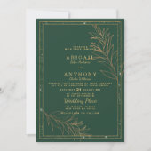 Luxury dark green gold glitter leaf floral Wedding 招待状 (正面)