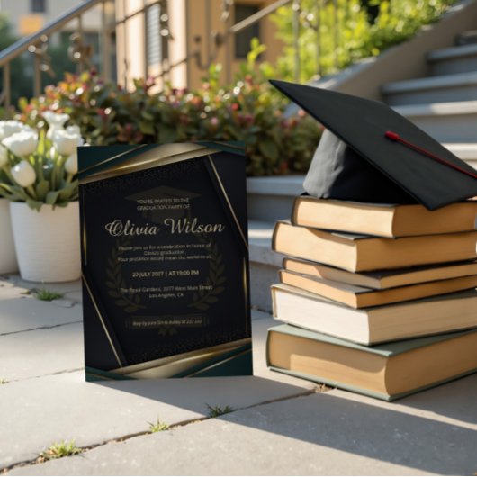 Luxury Dark Green & Gold Graduation 招待状