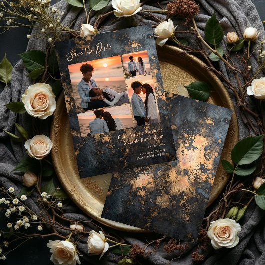 Luxury Dark Grey Gold Wedding 4 Photo Collage セーブザデート