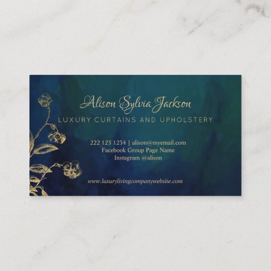 Luxury dark navy elegant faux gold foil foliage 名刺 (裏面)