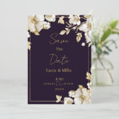 Luxury dark purple white gold floral Save the Date 招待状 (スタンド正面)