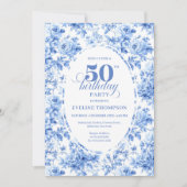 Luxury Deep Blue Toile Roses 50th Birthday Invite 招待状 (正面)
