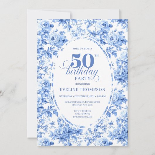 Luxury Deep Blue Toile Roses 50th Birthday Invite 招待状 (正面)
