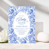 Luxury Deep Blue Toile Roses Baby Shower Invites 招待状