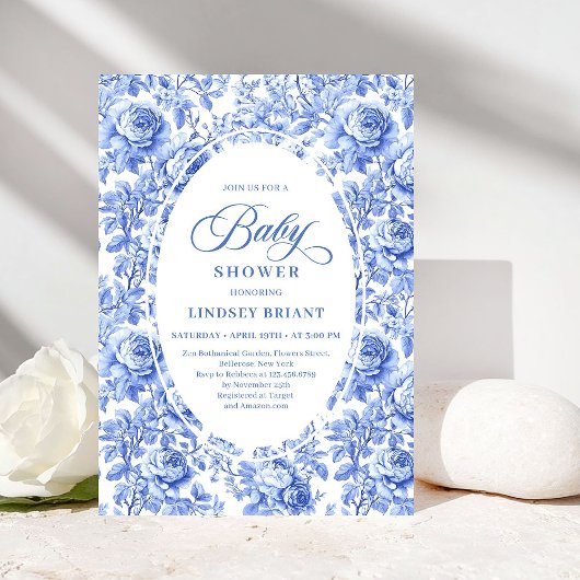 Luxury Deep Blue Toile Roses Baby Shower Invites 招待状