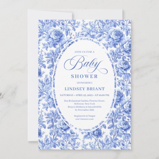 Luxury Deep Blue Toile Roses Baby Shower Invites 招待状 (正面)
