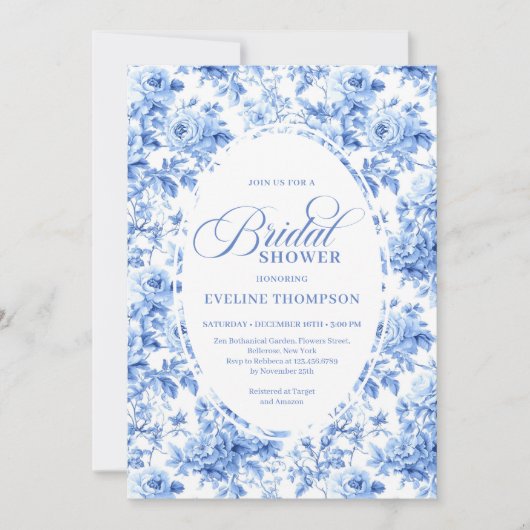 Luxury Deep Blue Toile Roses Bridal Shower Invite 招待状 (正面)