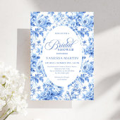 Luxury Deep Blue Toile Roses Bridal Shower Invite 招待状