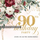 Luxury Deep Red Floral Gold 90th Birthday Invite 招待状