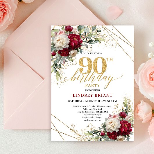 Luxury Deep Red Floral Gold 90th Birthday Invite 招待状