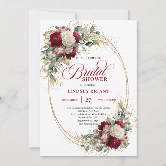 Luxury Deep Red Rose Gold Bridal Shower Invitation 招待状 (正面)
